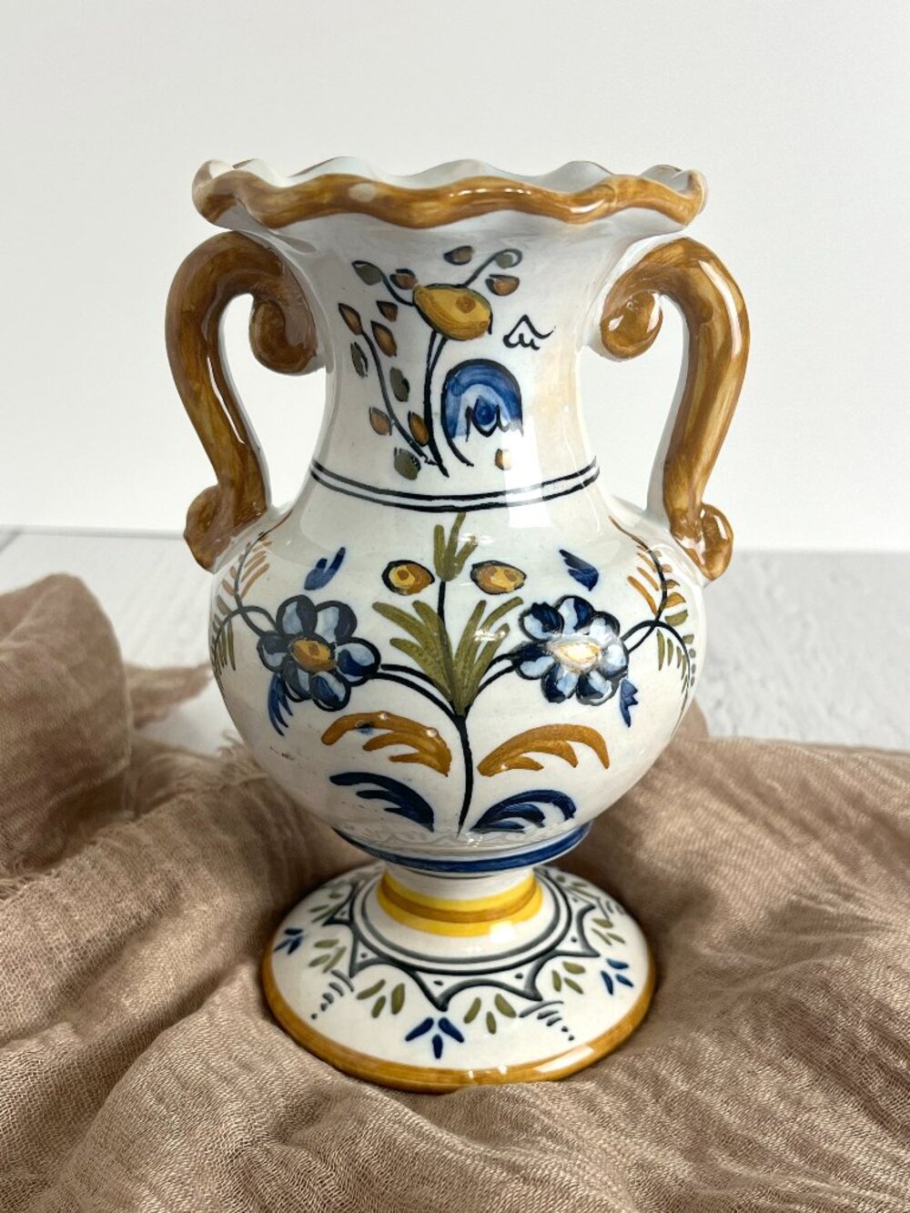 Vintage Spanish Talavera Style Hand Painted Floral Ceramic Vase